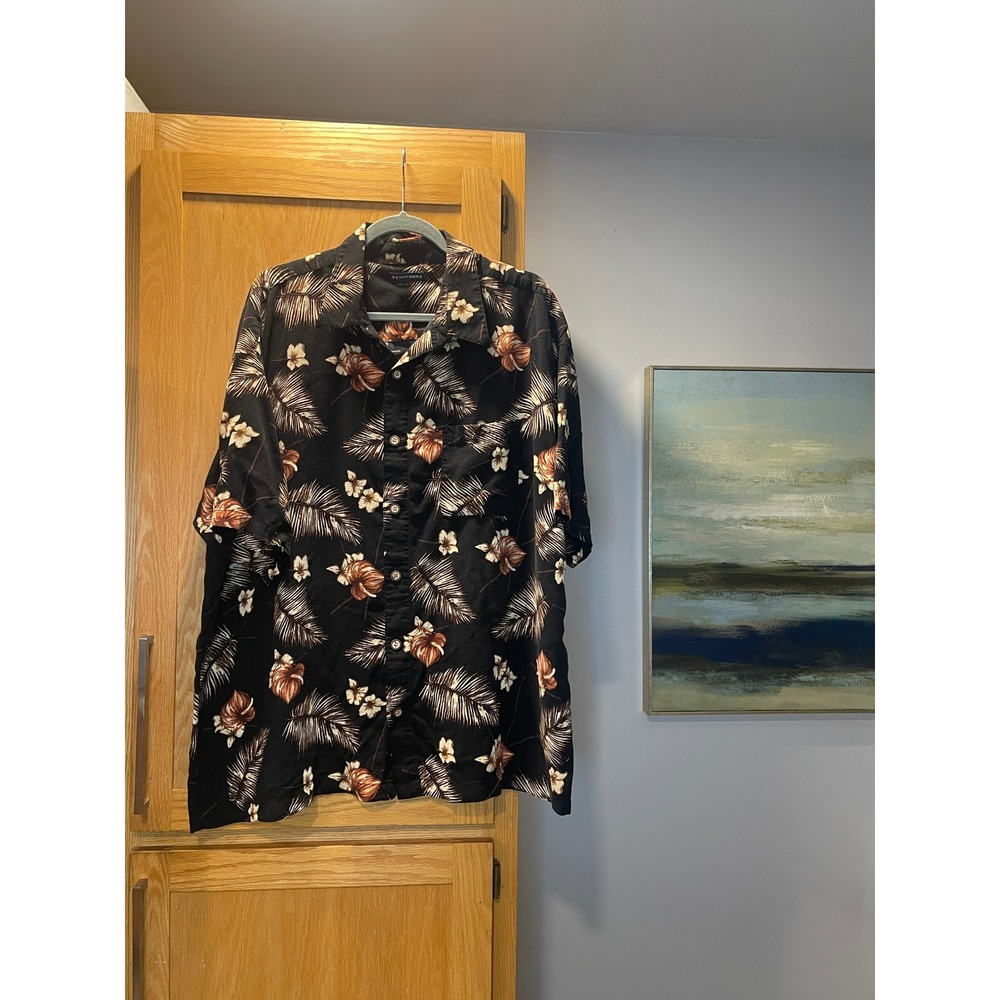 Knightsbridge Mens 3X Hawaiian Shirt Black Tropical Floral Palm Rayon Button